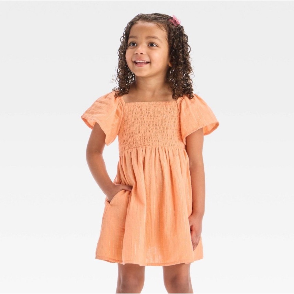 Cat & Jack Toddler Girls Smocked Flutter Sleeve Dress Peach Gold Stripe‎ 3T